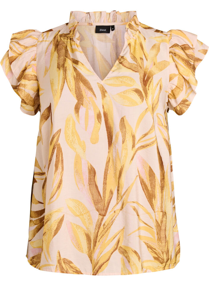 Bluse i viskose med bladprint og fl&aelig;sedetaljer, Gul, Packshot image number 0