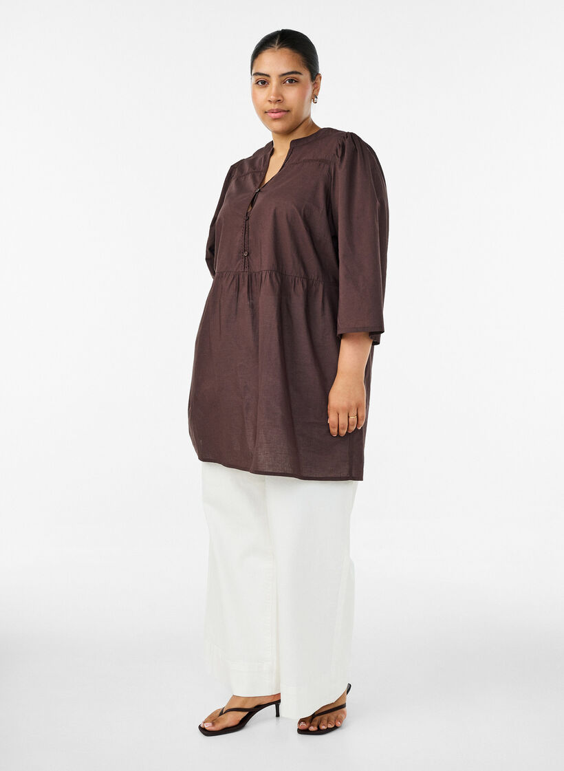 Tunika i bomuld med V-udsk&aelig;ring og crochetb&aring;nd, Brun, Model image number 1
