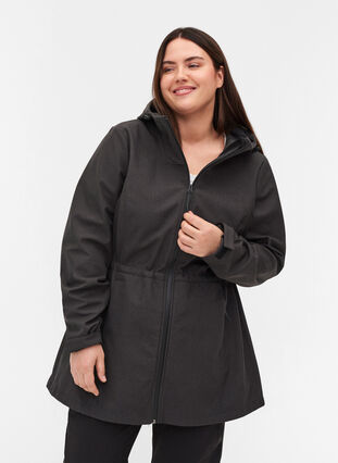Softshell jakke med hætte og justerbar talje, Dark Grey Melange, Model image number 0