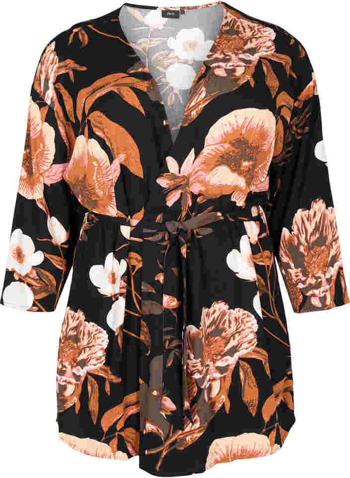 Blomstret kimono i viskose, Black Flower AOP, Packshot image number 0