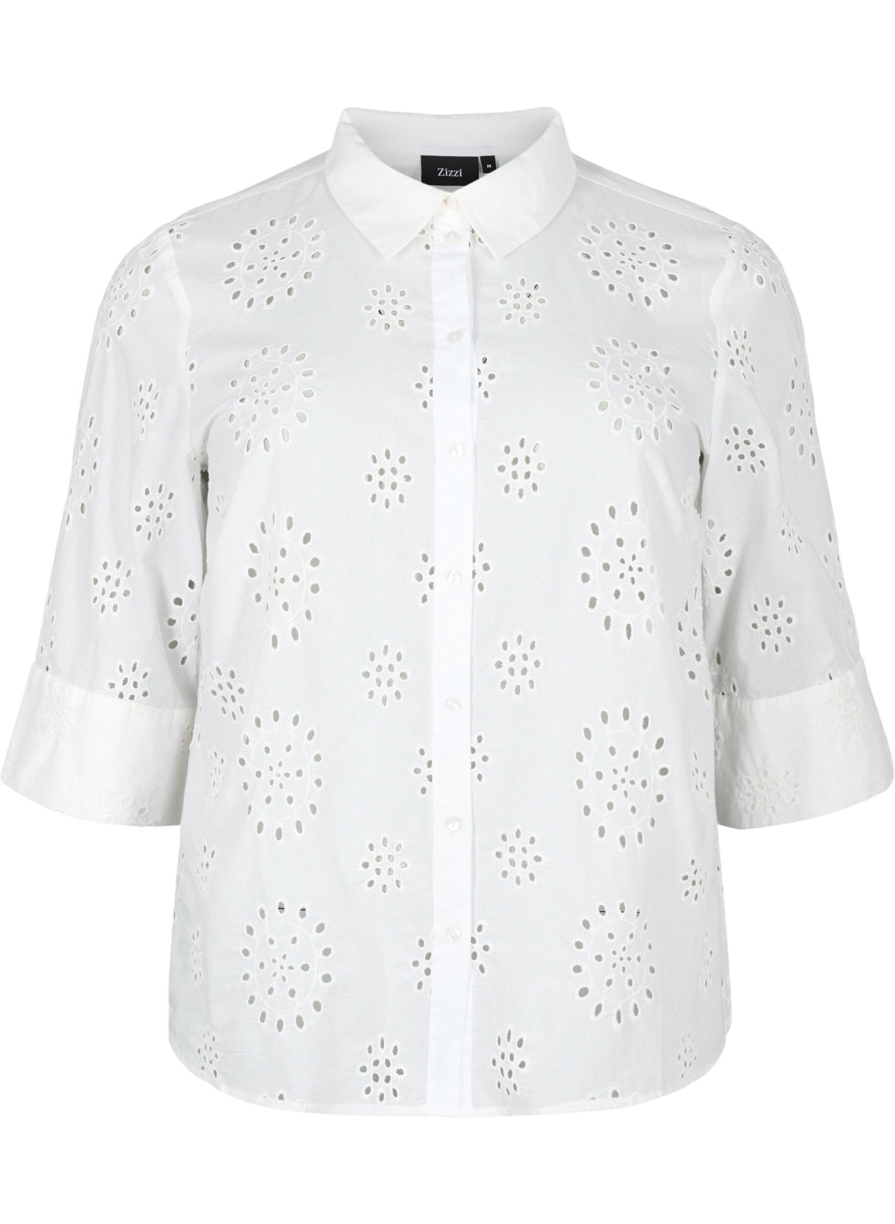 Zizzi Skjortebluse med broderi anglaise og 3/4 &aelig;rmer, Bright White, Packshot image number 0