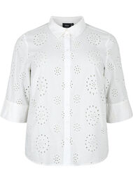 Skjortebluse med broderi anglaise og 3/4 ærmer, Bright White