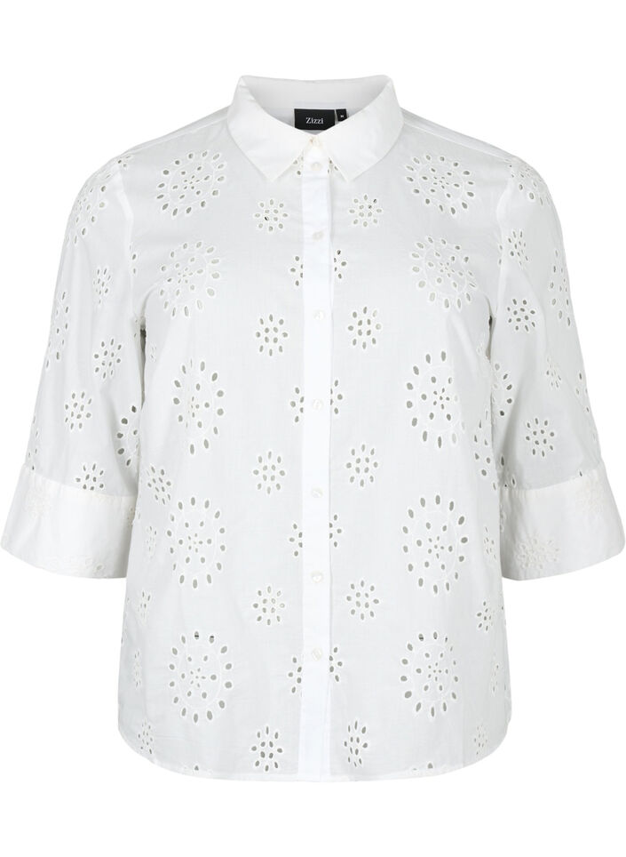Skjortebluse med broderi anglaise og 3/4 ærmer, Bright White, Packshot image number 0