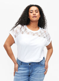 Kortærmet bomulds t-shirt med blonder, Bright White, Model