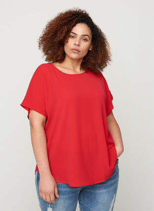 Bluse med korte ærmer og rund halsudskæring, Lipstick Red, Model image number 0