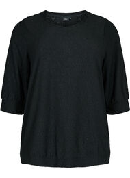 Bluse med 3/4 ærmer og strukturmønster, Black