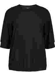 Bluse med 3/4 ærmer og strukturmønster, Black