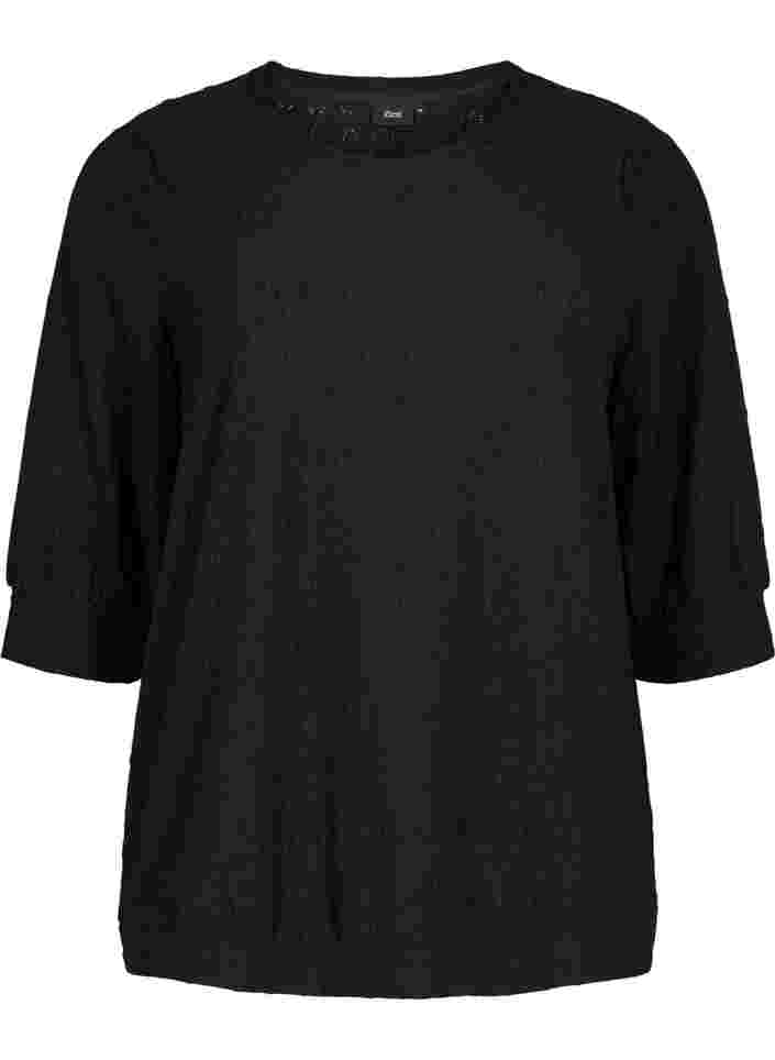 Bluse med 3/4 ærmer og strukturmønster, Black, Packshot image number 0