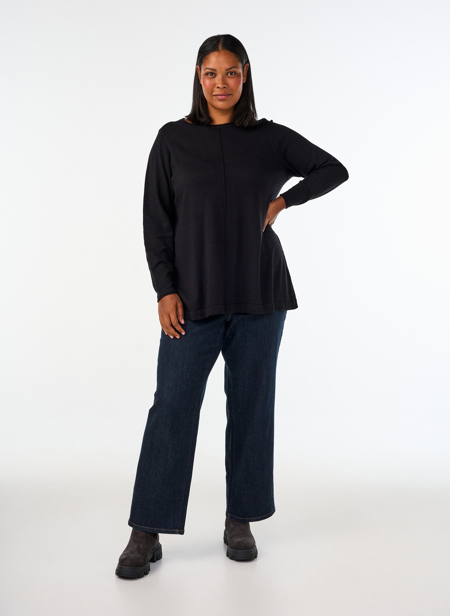 ZizziStrikbluse i bomulds-viskosemix, Sort, Model image number 1