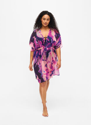 Strand kimono med print, Purple Swirl, Model image number 2