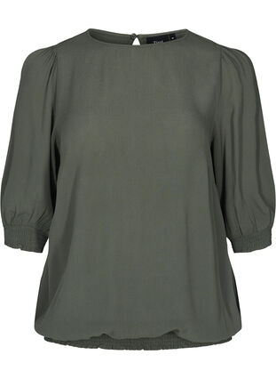 Viskose bluse med 3/4 ærmer og smock, Thyme, Packshot image number 0