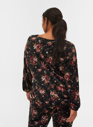 Blomstret velour bluse med lange ærmer, Flower AOP, Model image number 1