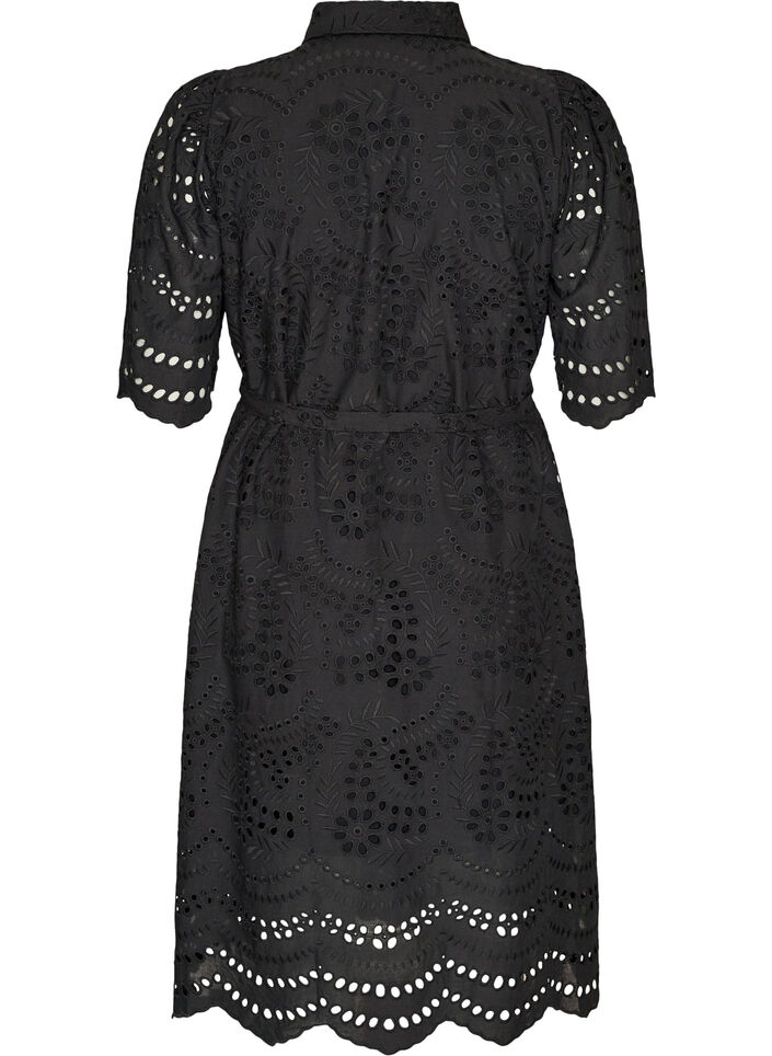 Skjortekjole i broderie anglaise med bindeb&aelig;lte, Sort, Packshot image number 1