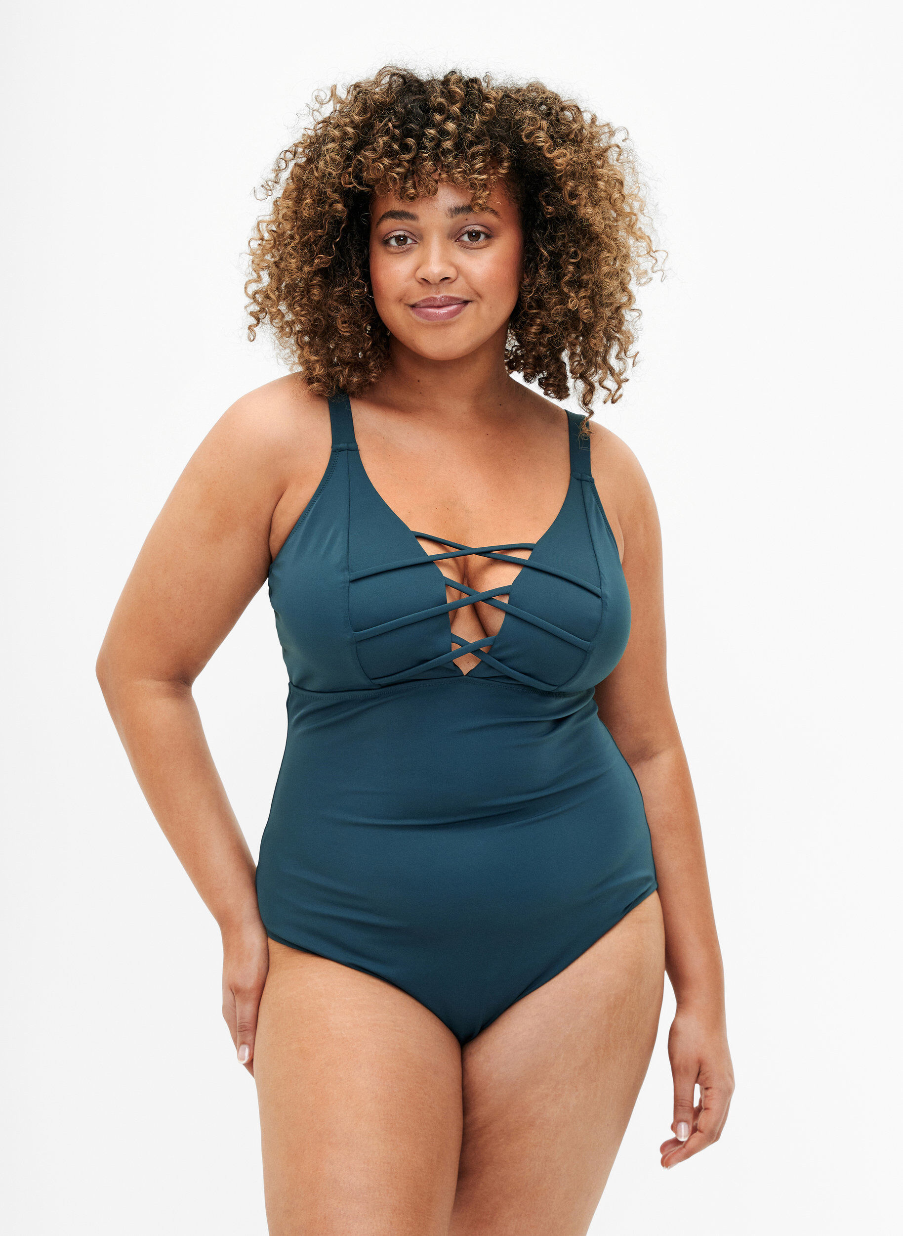 Zizzi Badedragt med stringdetalje, Dark Sea, Model image number 0