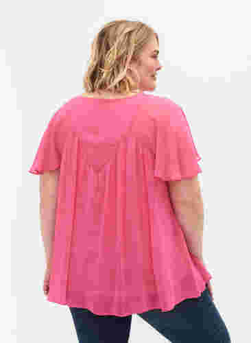 Ensfarvet bluse med flagermusærmer og v-hals, Shocking Pink, Model image number 1