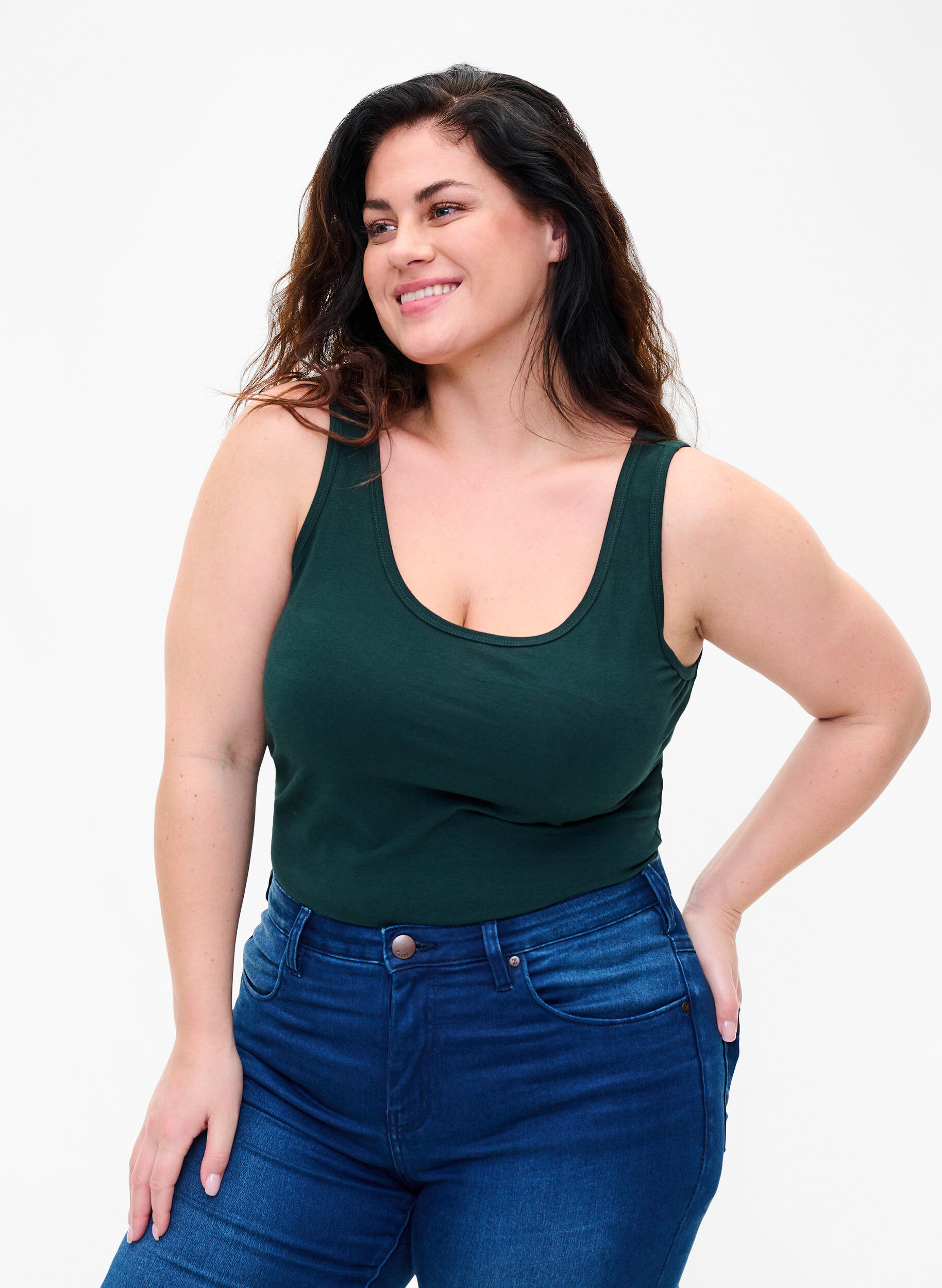 Zizzi Ensfarvet basis top i bomuld, Gr&oslash;n, Model image number 0