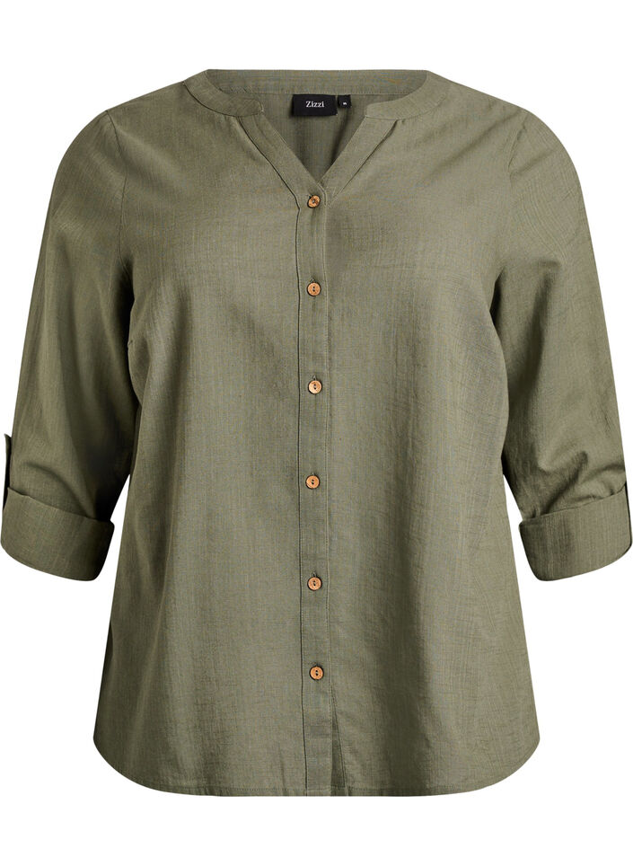 Skjortebluse i bomuld med V-udsk&aelig;ring, Gr&oslash;n, Packshot image number 0