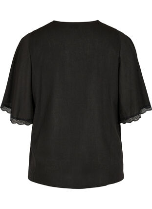Bluse med brede 2/4 ærmer og blondedetaljer, Black, Packshot image number 1