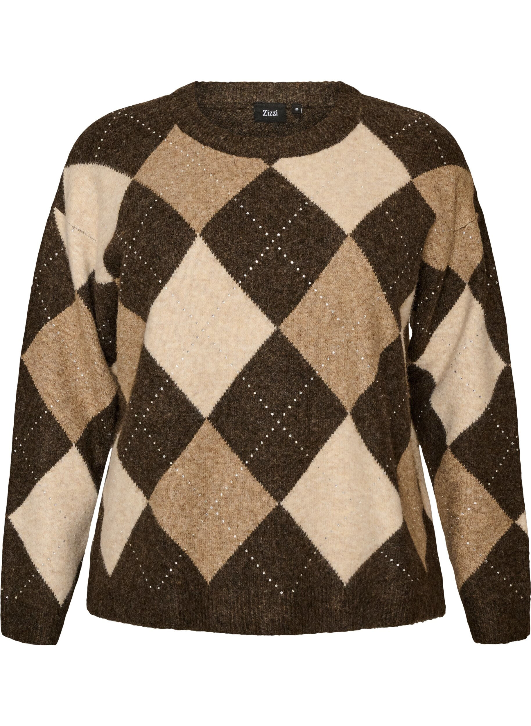 ZizziStrikbluse med argylem&oslash;nster og rhinsten, Brun, Packshot image number 0