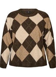 Strikbluse med argylem&oslash;nster og rhinsten, Brun