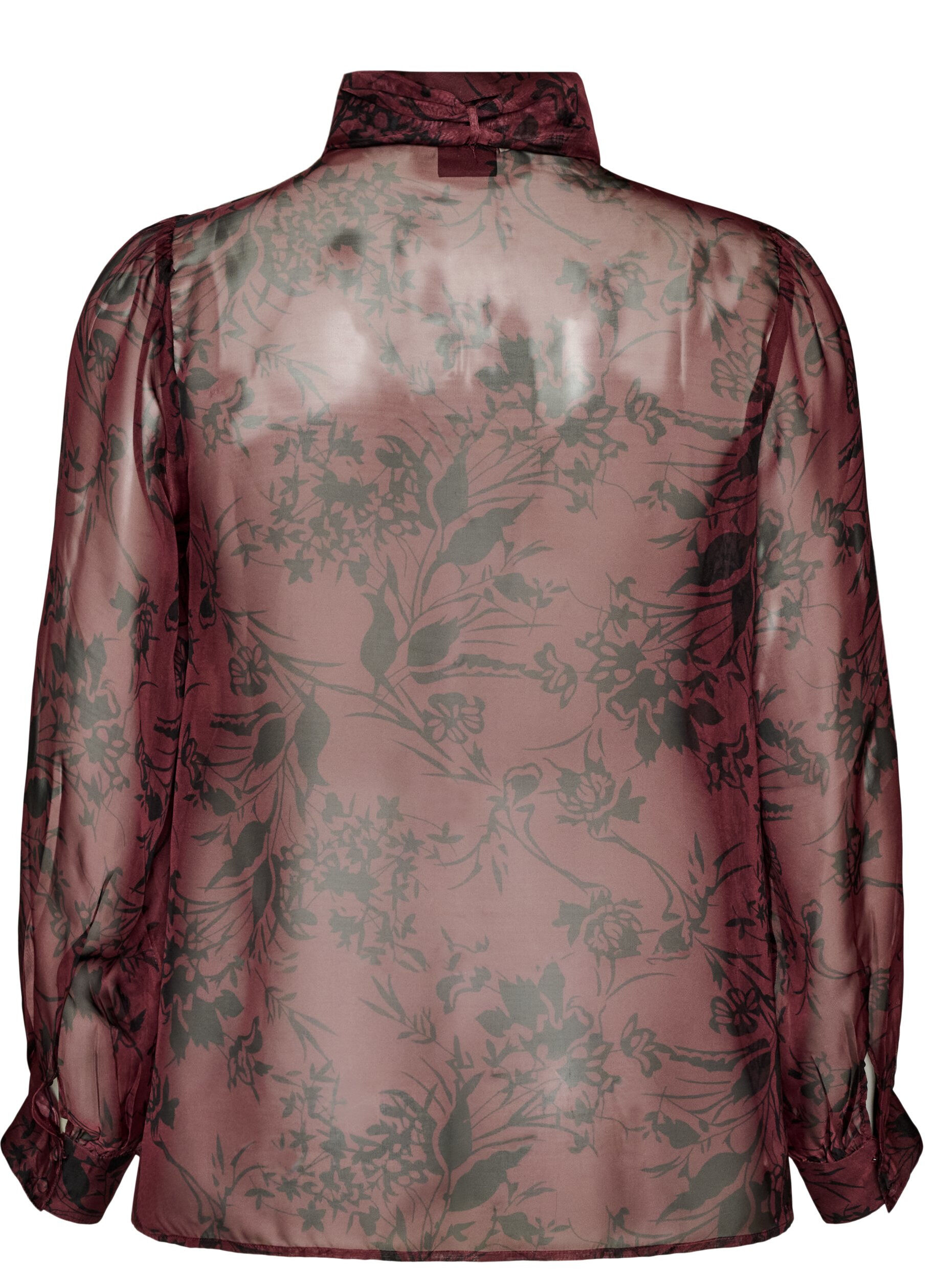ZizziTransparent skjortebluse med blomsterm&oslash;nster og bindeb&aring;nd, M&oslash;rk Bordeaux, Packshot image number 1