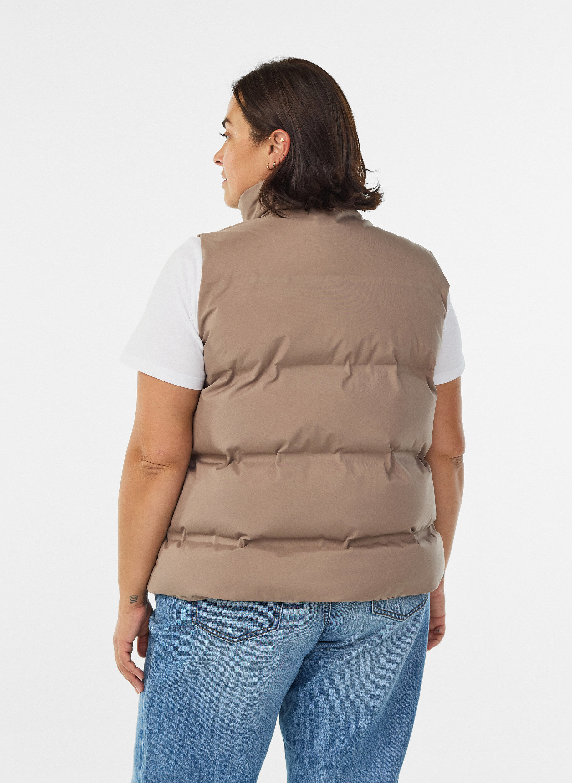 Zizzi Kort puffervest med h&oslash;j krave, Brun, Model image number 2