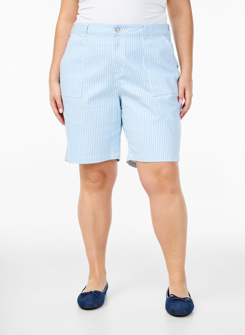 Stribede bermudashorts med høj talje, Blå, Model image number 3