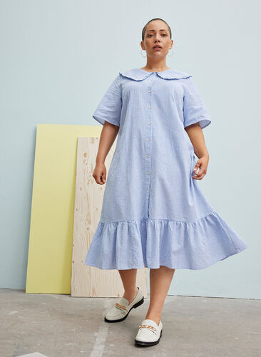 Kortærmet bomulds kjole med striber, Blue Stripe, Image image number 0