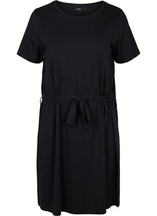 Kortærmet kjole med taljebælte, Black, Packshot image number 0