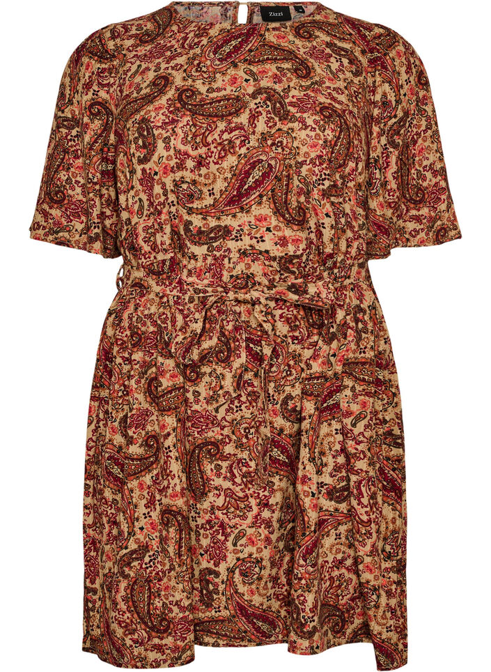 Kjole med paisleyprint og bindeb&aring;nd, Brun, Packshot image number 0