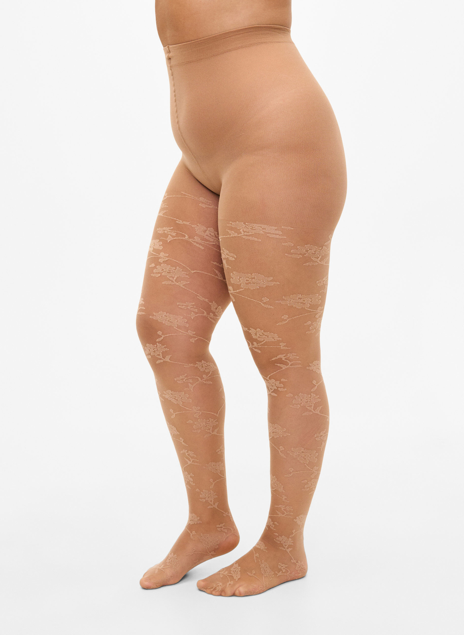 Zizzi 30 denier str&oslash;mpebukser med blomsterm&oslash;nster, Nude, Packshot image number 0