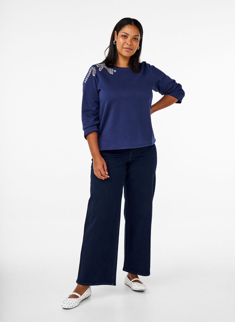 Kort sweatshirt med perledetaljer, Blå, Model image number 1