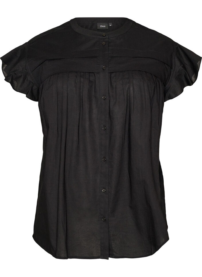 &AElig;rmel&oslash;s skjortebluse i bomuld med A-form, Sort, Packshot image number 0