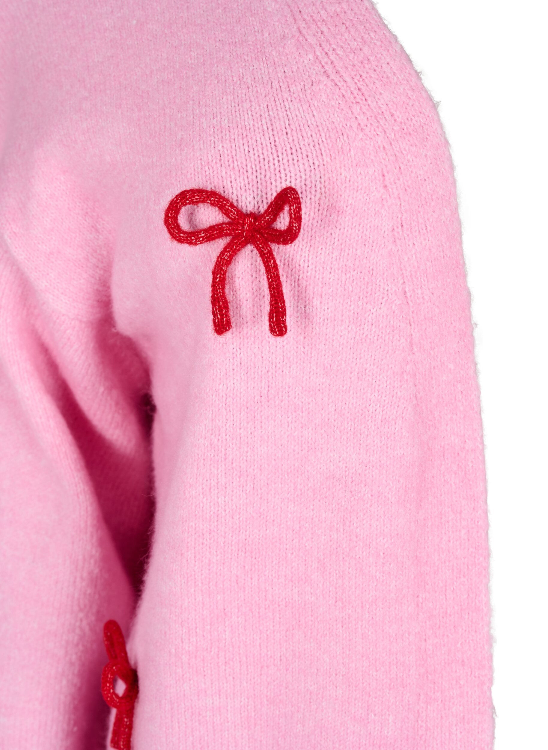 Zizzi Kort strikcardigan med sl&oslash;jfer, Begonia Pink Comb, Packshot image number 2