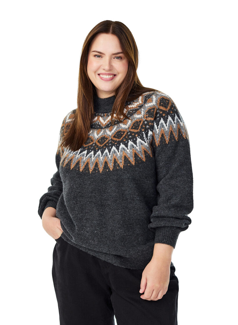 Strikbluse med mønster og høj hals, Grå, Model image number 0