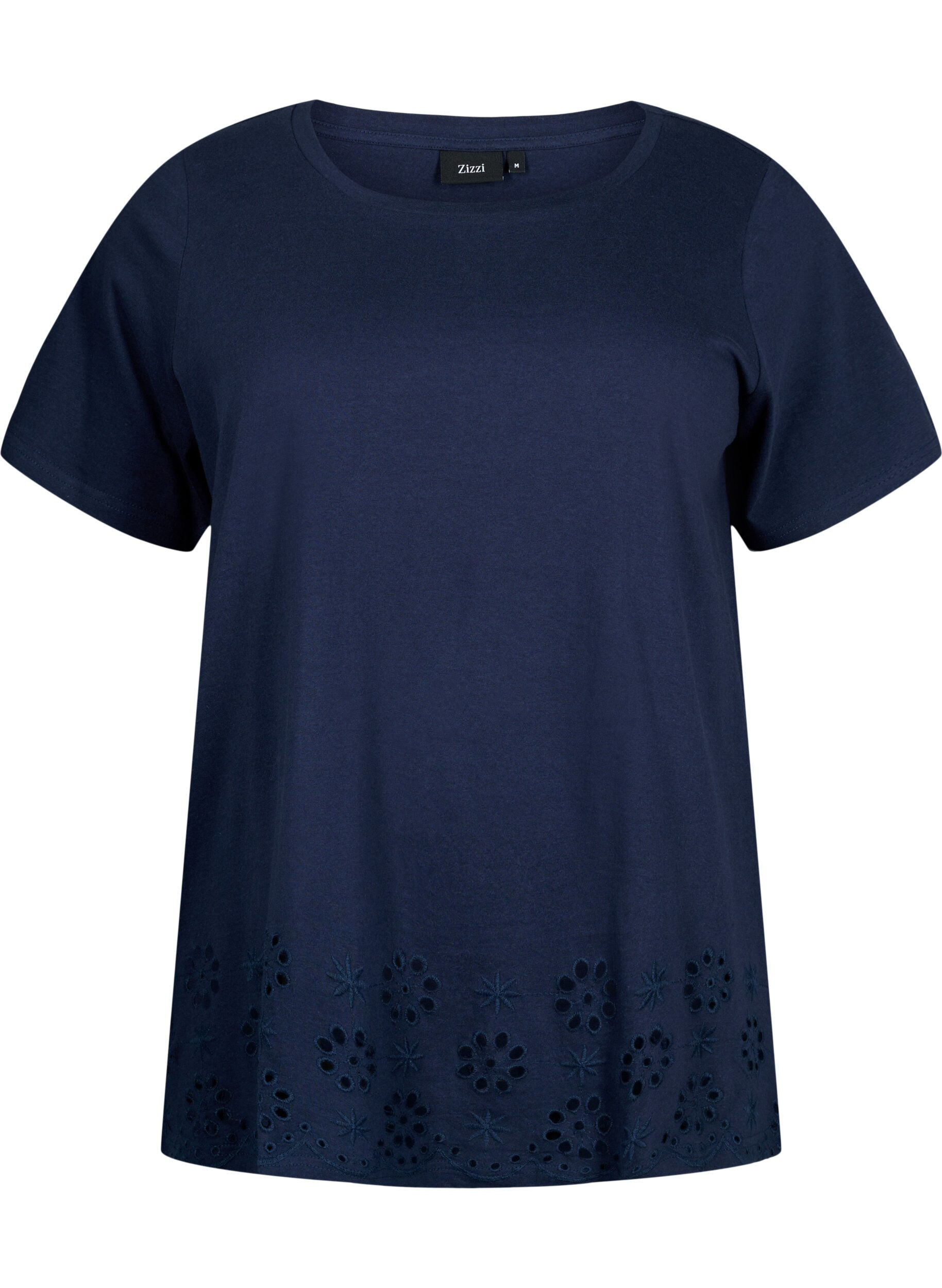 Zizzi T-shirt i bomuld med broderi anglaise, Navy Blazer, Packshot image number 0