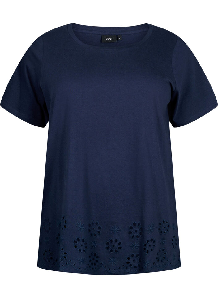 T-shirt i bomuld med broderi anglaise, Navy Blazer, Packshot image number 0