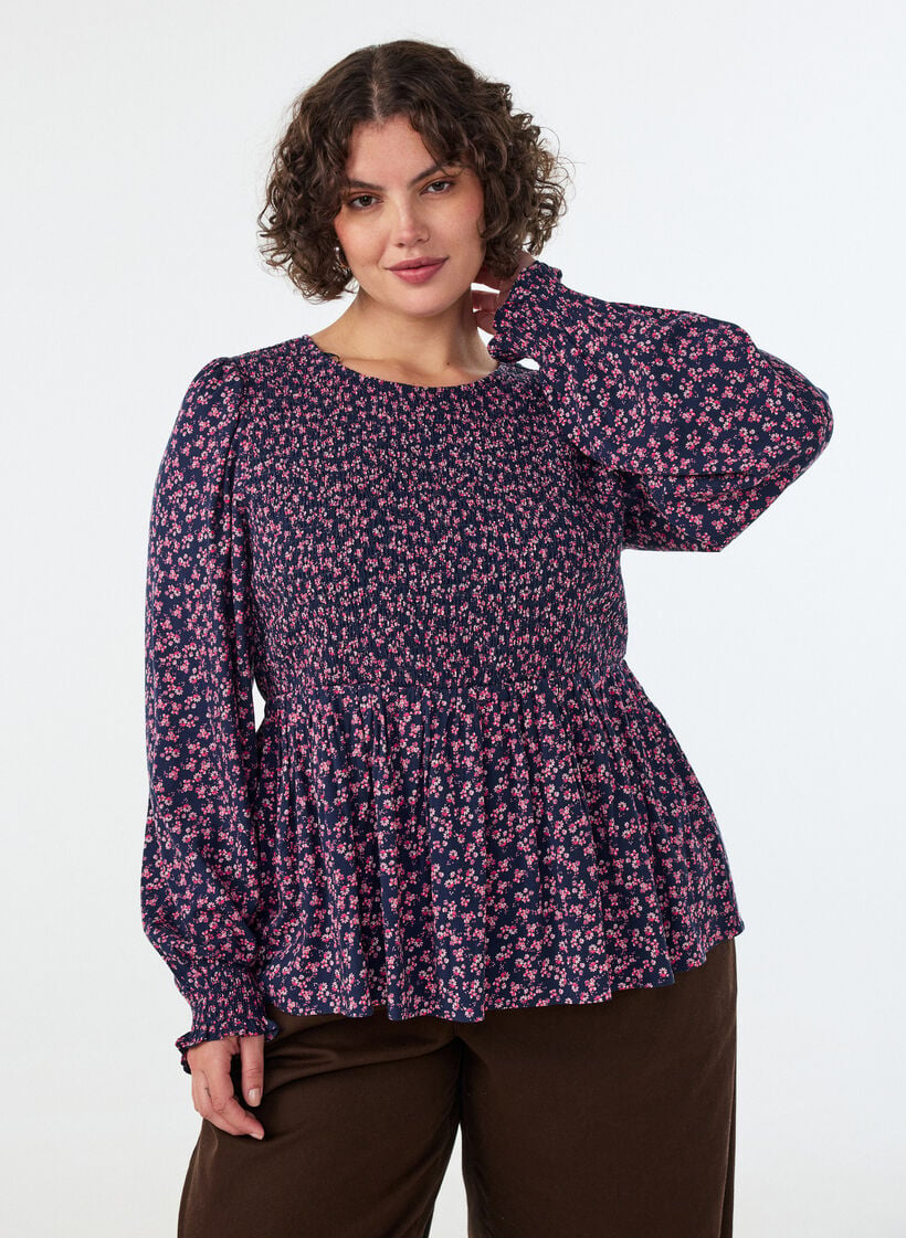Bluse med smockoverdel og blomsterprint, Bl&aring;, Model image number 2