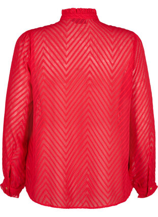 Skjortebluse med flæser og mønstret tekstur, Tango Red, Packshot image number 1