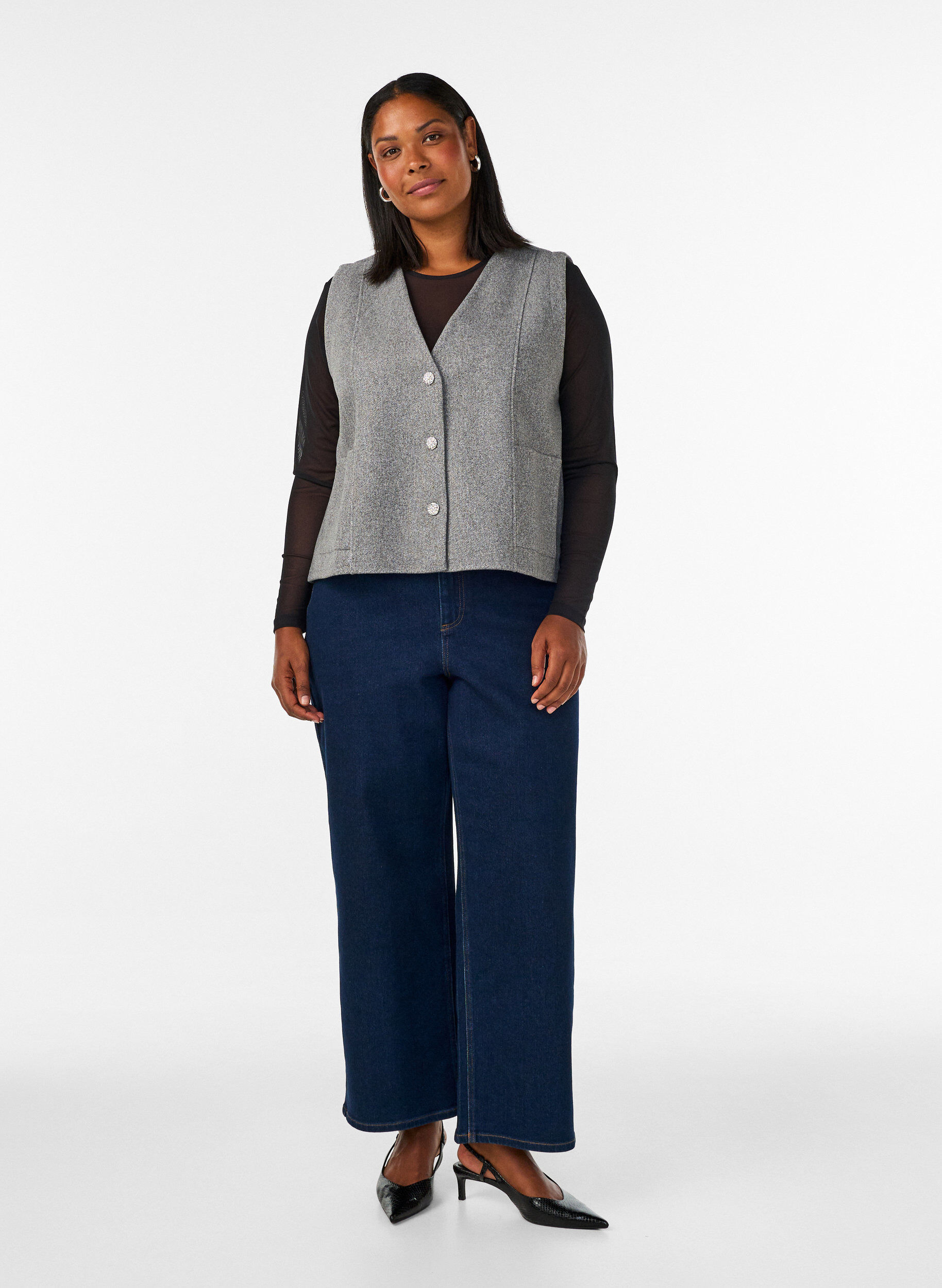 ZizziVest med V-hals og knapper, Gr&aring;, Model image number 1