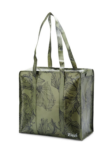 Shoppingbag med lynlås, Green Flower AOP, Packshot image number 0