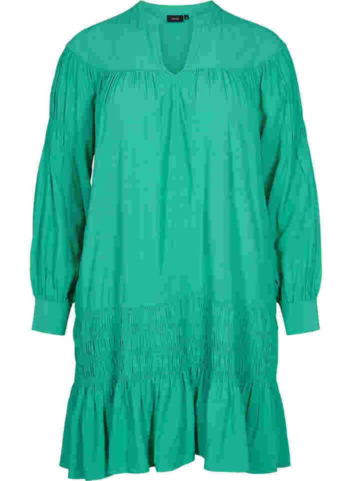 Langærmet viskose kjole med smockdetaljer, Mint, Packshot image number 0