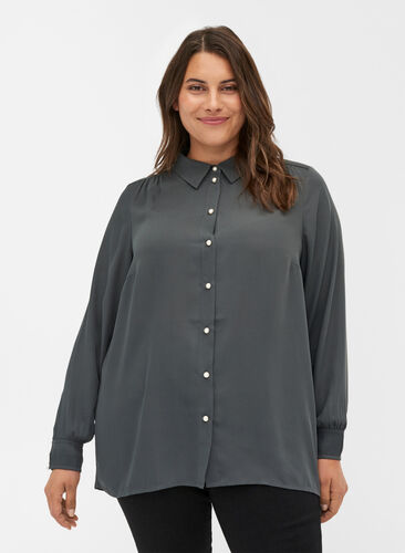 Skjorte med plissé og perleknapper, Asphalt, Model image number 0