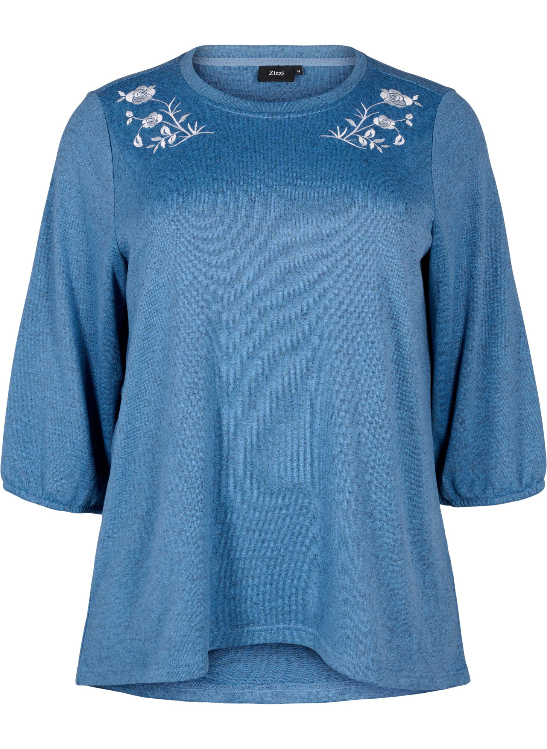 Zizzi Bluse med blomsterbroderi og 3/4-&aelig;rmer, Copen Blue Melange, Packshot image number 0