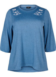 Bluse med blomsterbroderi og 3/4-ærmer, Copen Blue Melange