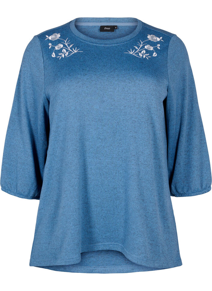 Bluse med blomsterbroderi og 3/4-ærmer, Copen Blue Melange, Packshot image number 0
