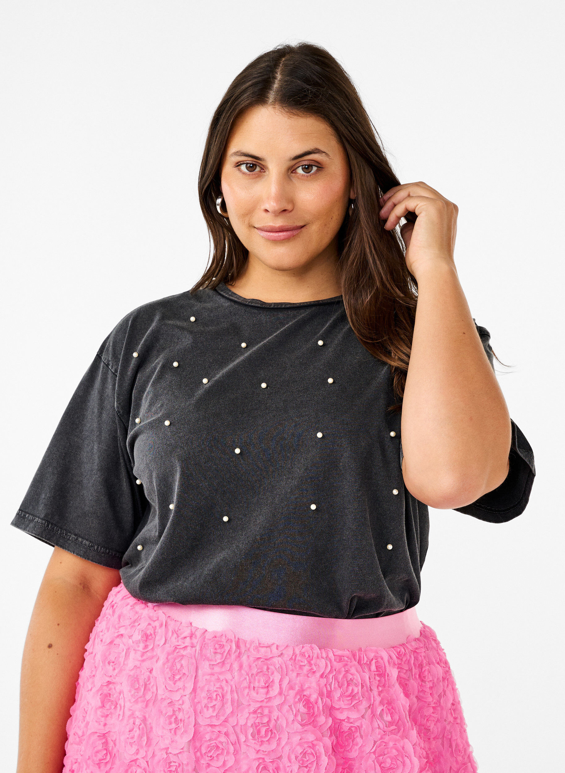 Zizzi T-shirt med perler, Grey washed, Model image number 0