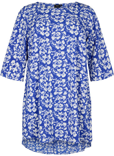 Printet kjole med 3/4 ærmer, Blue White Flower, Packshot image number 0