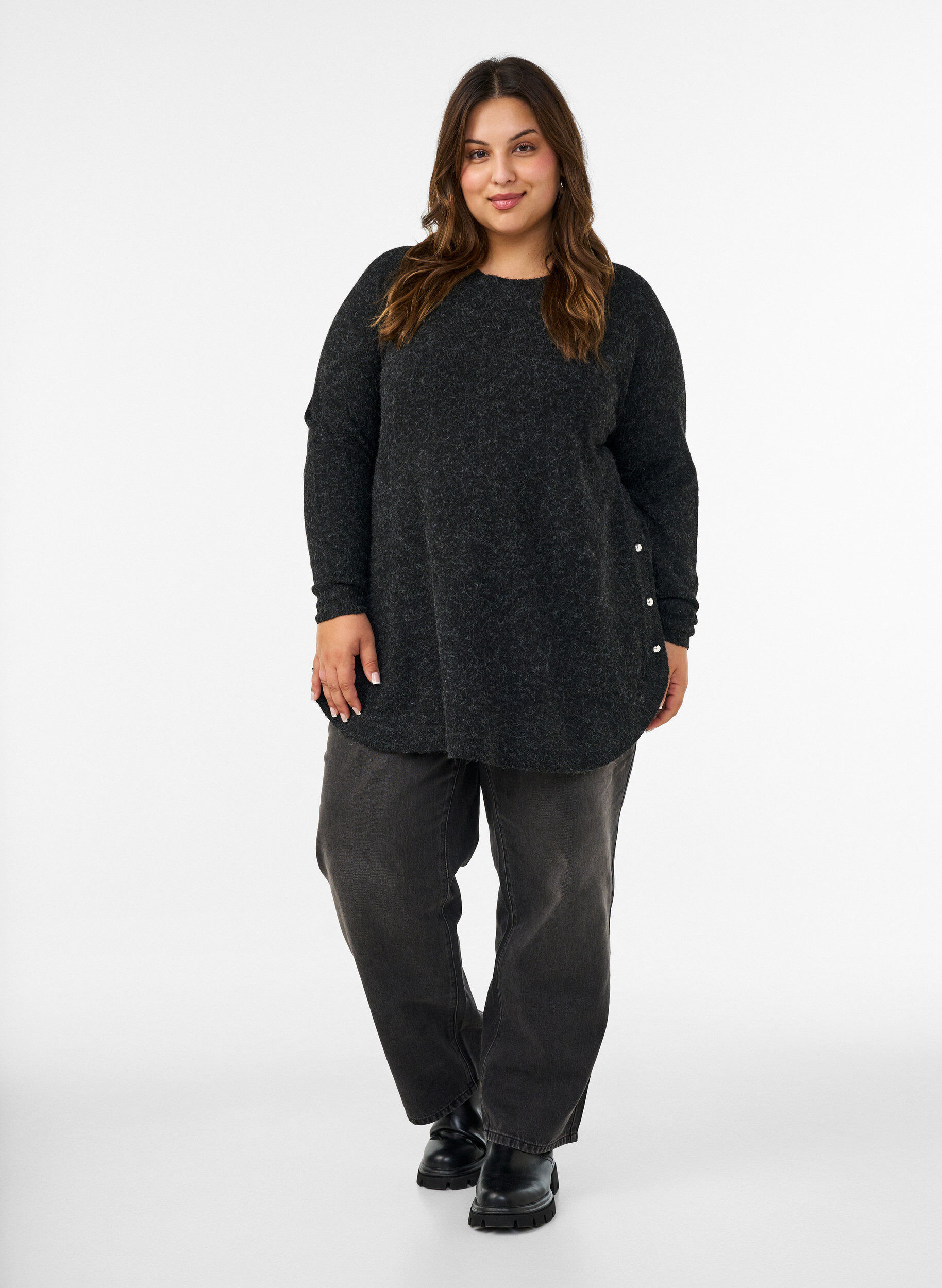 ZizziLang strikbluse med kugleknapper, Gr&aring;, Model image number 1