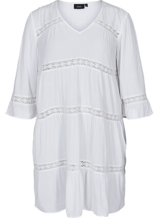 Viskose kjole med a-form og blondebånd, White, Packshot image number 0